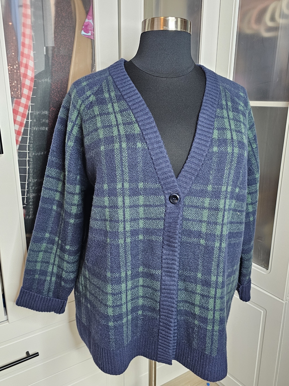 Treasure & Bond Navy and Green Plaid V-Neck Cardigan